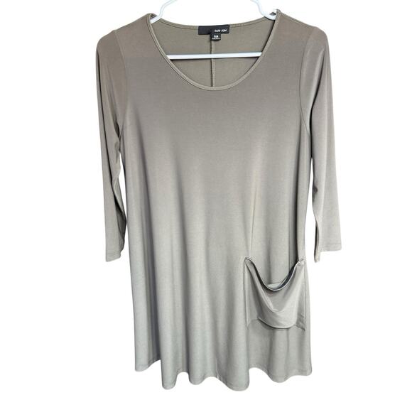 SUN KIM Taupe Slinky Knit Tunic 3/4 Sleeve Zipper Pocket Lagenlook Artsy XS - Picture 1 of 9